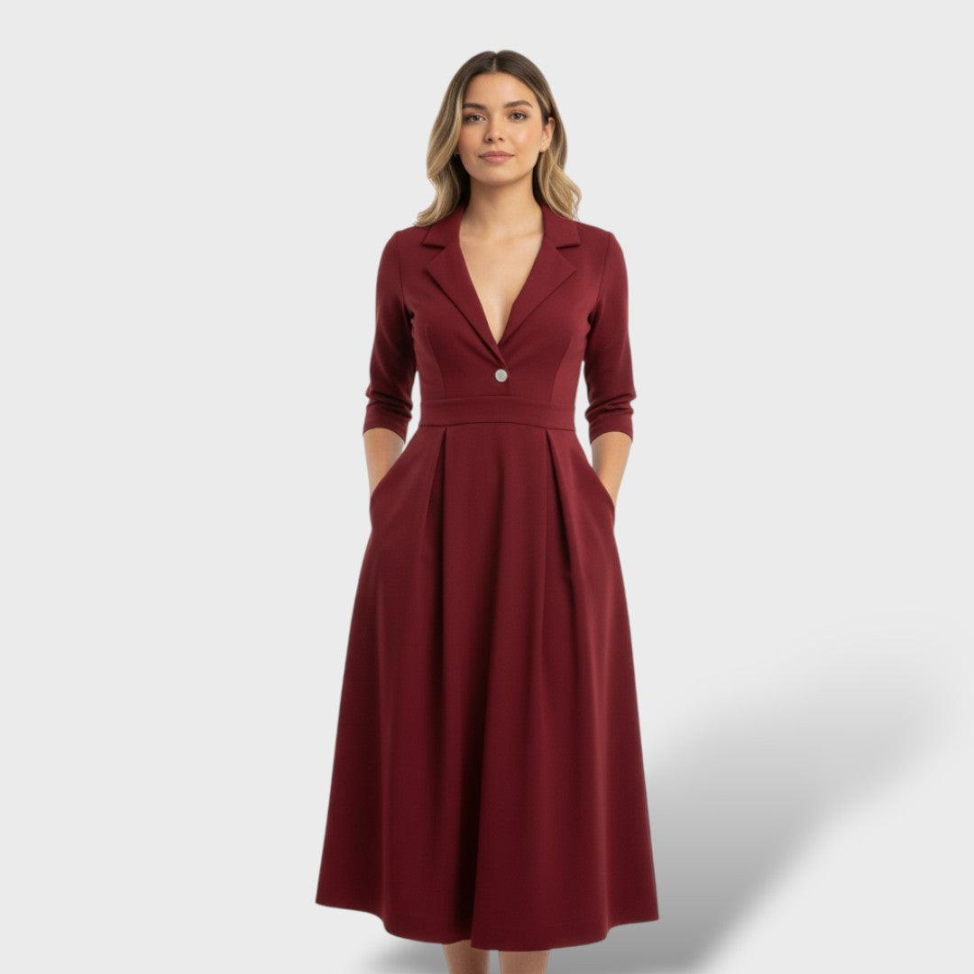 Antía | Vestido Midi Evasé con Solapa, Cintura Marcada y Bolsillos - Burdeos
