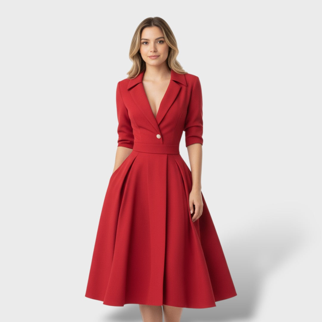 Antía | Vestido Midi Evasé con Solapa, Cintura Marcada y Bolsillos - Rojo