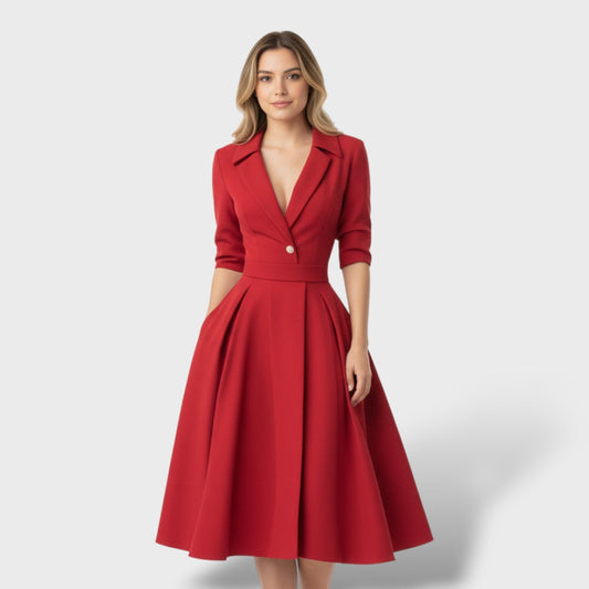 Antía | Vestido Midi Evasé con Solapa, Cintura Marcada y Bolsillos - Rojo