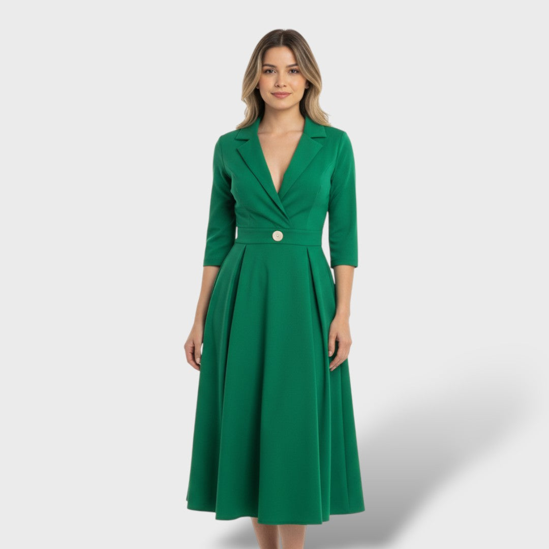 Antía | Vestido Midi Evasé con Solapa, Cintura Marcada y Bolsillos - Verde
