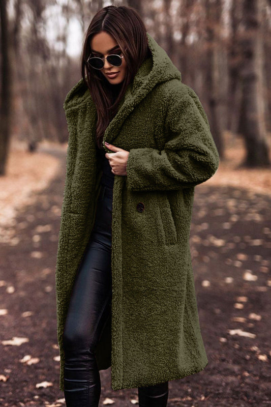 Apolonia | Abrigo Largo Efecto Borreguito con Capucha para Mujer - Verde oliva