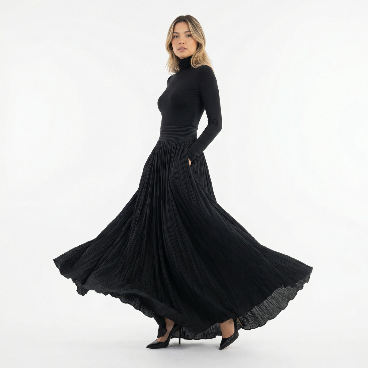 Vestido Largo de Cuello Alto con Falda Plisada y Manga Larga