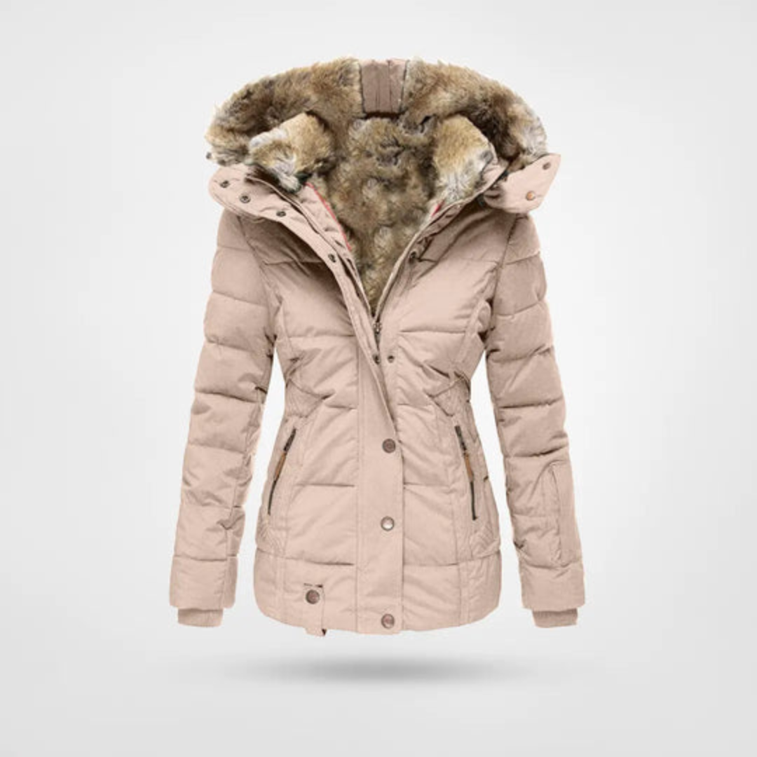 Arlet | Chaqueta Acolchada Entallada con Capucha de Pelo Sintético para Mujer - Rosa claro