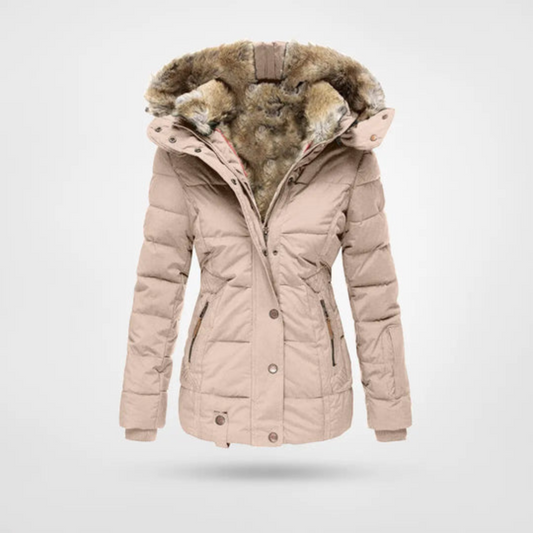 Arlet | Chaqueta Acolchada Entallada con Capucha de Pelo Sintético para Mujer - Rosa claro