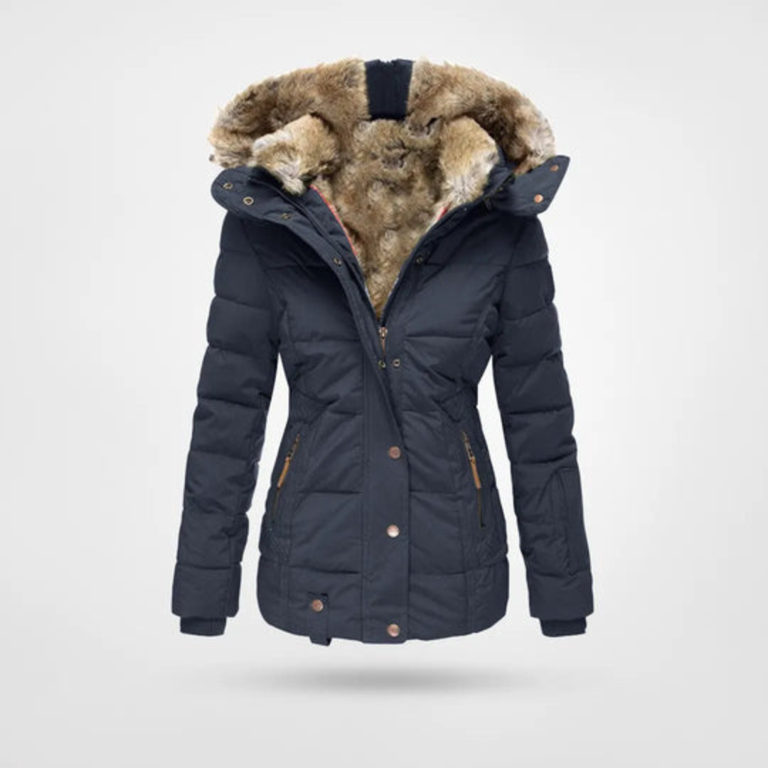Arlet | Chaqueta Acolchada Entallada con Capucha de Pelo Sintético para Mujer - Azul marino