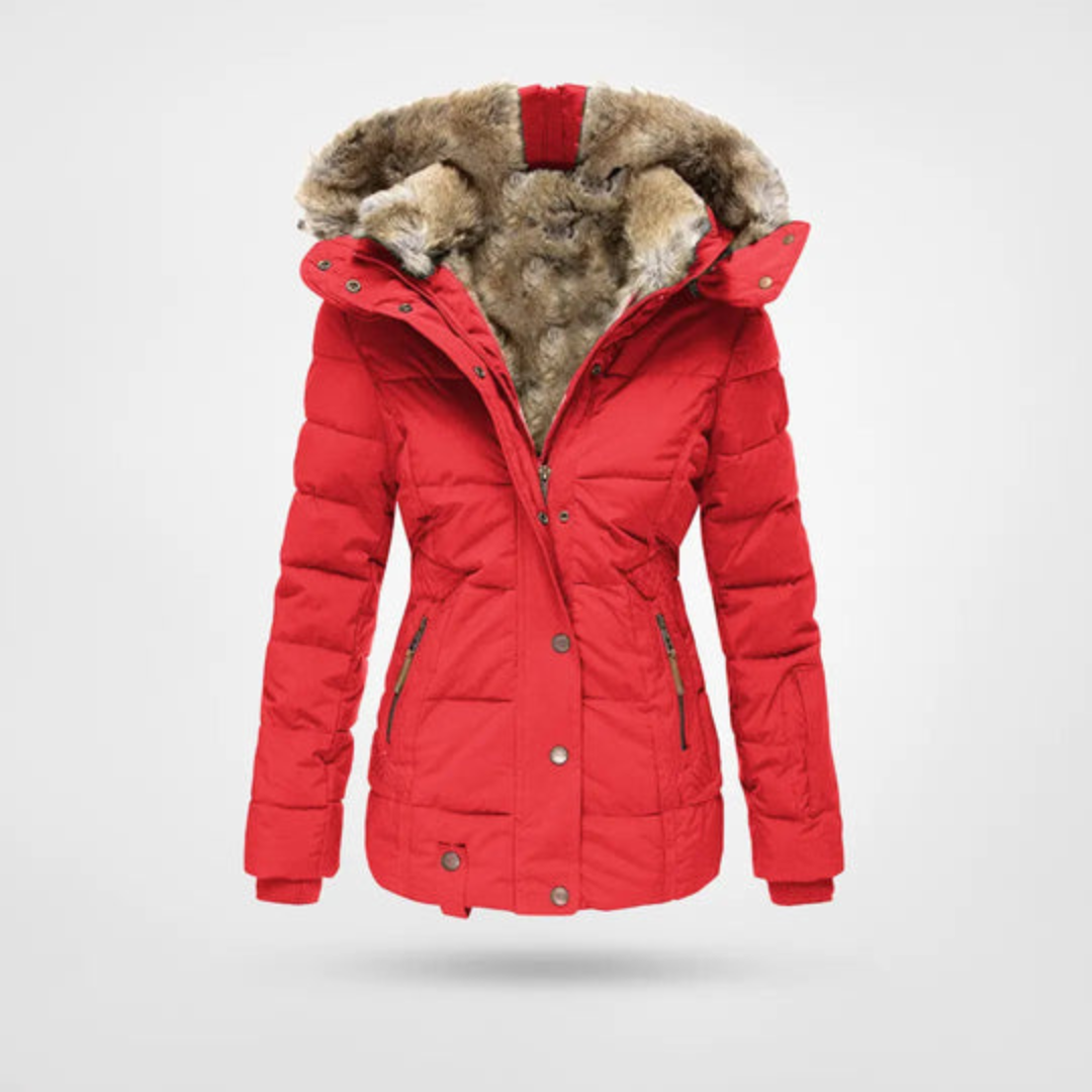 Arlet | Chaqueta Acolchada Entallada con Capucha de Pelo Sintético para Mujer - Rojo
