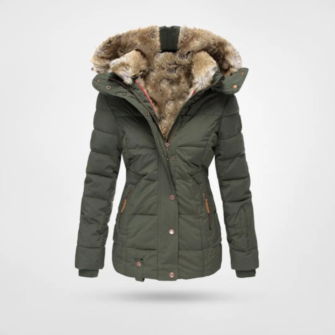 Arlet | Chaqueta Acolchada Entallada con Capucha de Pelo Sintético para Mujer - Verde caqui