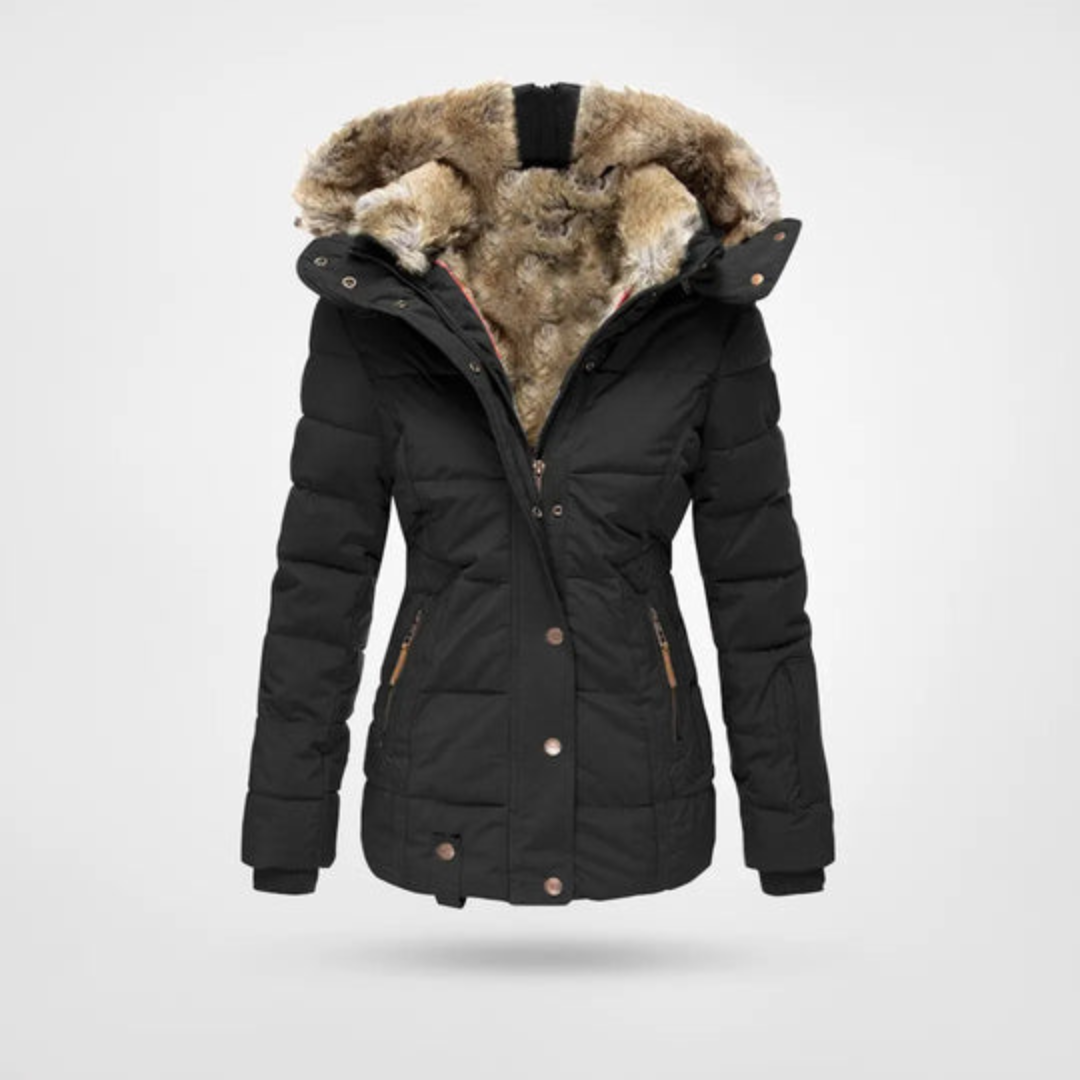 Arlet | Chaqueta Acolchada Entallada con Capucha de Pelo Sintético para Mujer - Negro