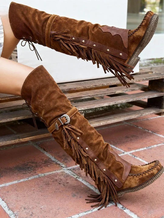 Ascen | Botas Altas Efecto Ante con Flecos y Hebilla Estilo Boho - Marrón