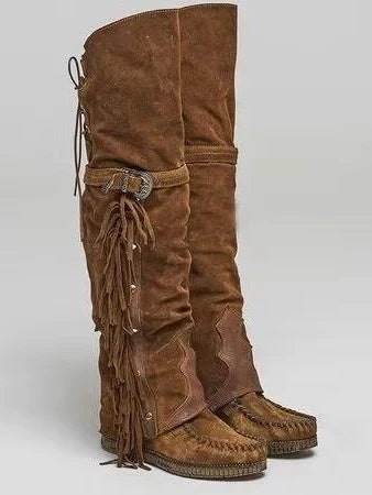 Ascen | Botas Altas Efecto Ante con Flecos y Hebilla Estilo Boho