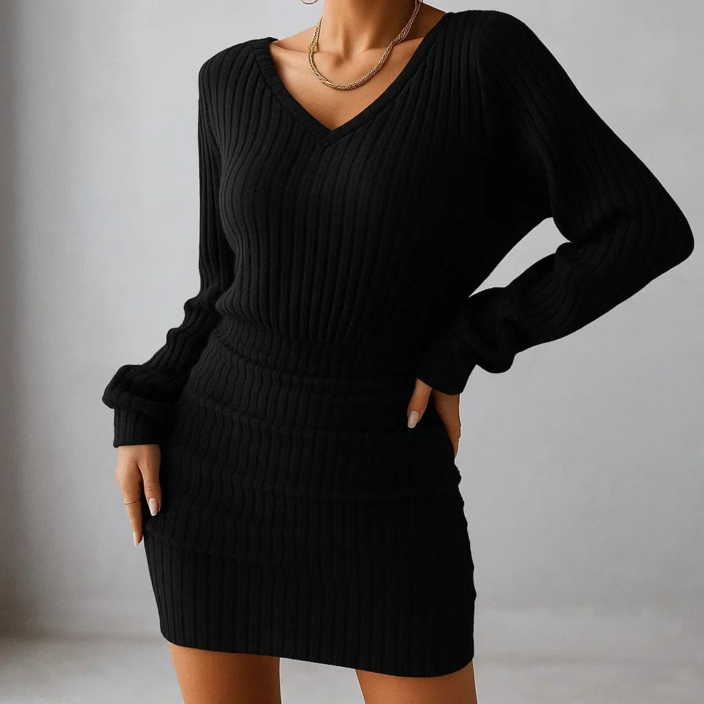 Vestido punto canalé hombros descubiertos mujer