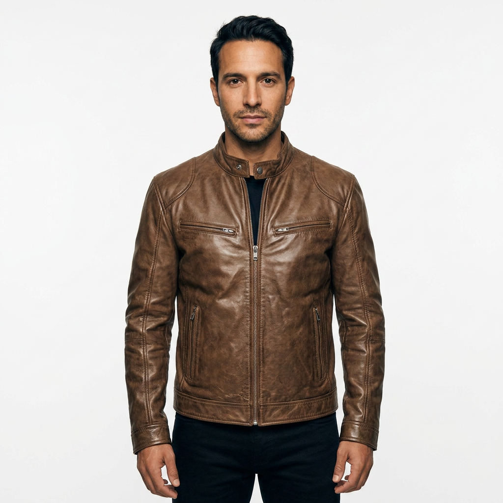 Baltasar | Chaqueta Biker de Hombre Efecto Piel con Cuello Alto - Marrón