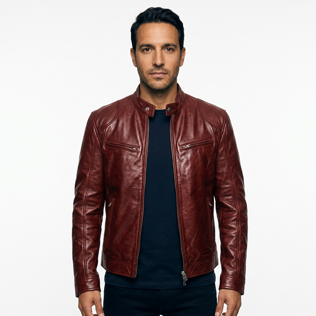 Baltasar | Chaqueta Biker de Hombre Efecto Piel con Cuello Alto - Burdeos