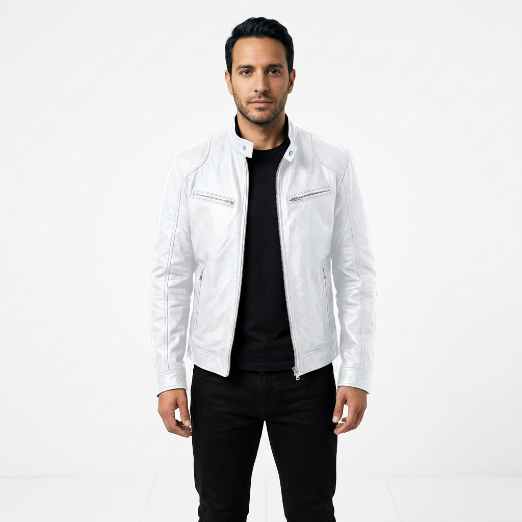 Baltasar | Chaqueta Biker de Hombre Efecto Piel con Cuello Alto - Blanco
