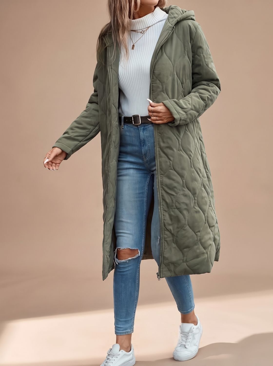 Bernarda | Abrigo Midi Acolchado con Capucha y Cremallera para Mujer