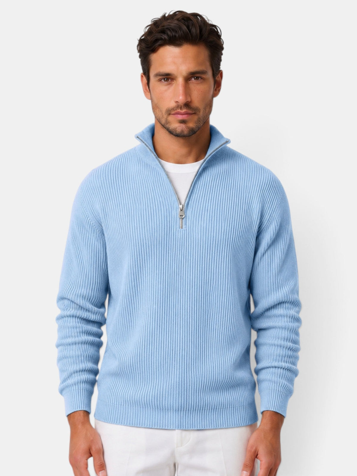 Bernardo | Jersey de Punto Acanalado con Media Cremallera para Hombre - Azul