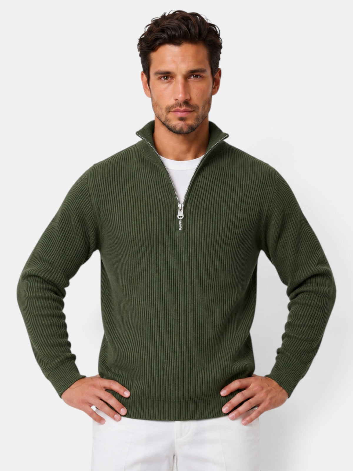 Bernardo | Jersey de Punto Acanalado con Media Cremallera para Hombre - Verde oliva
