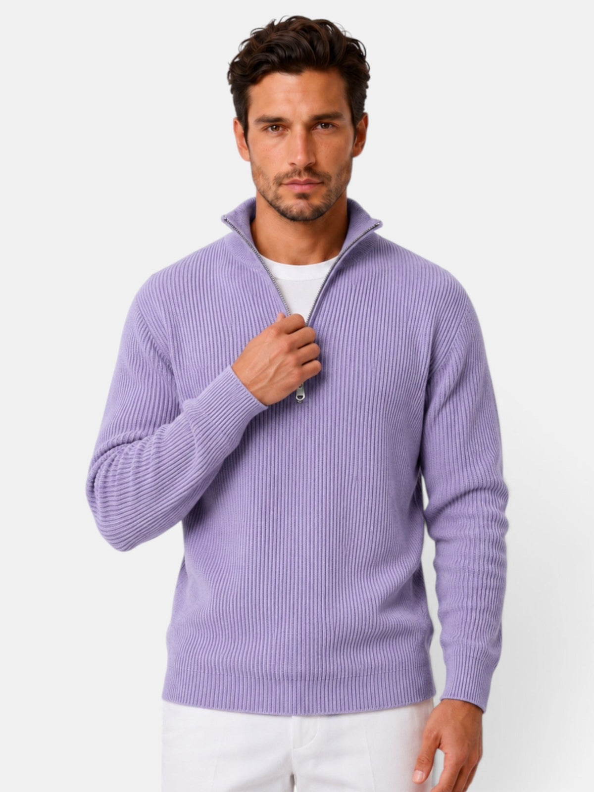 Bernardo | Jersey de Punto Acanalado con Media Cremallera para Hombre - Morado