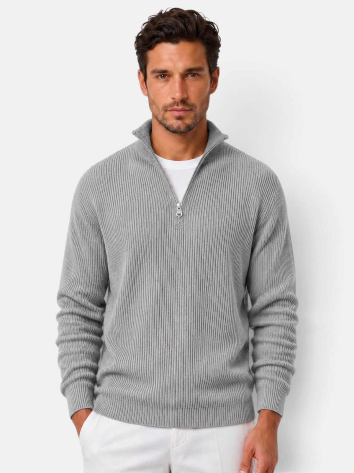 Bernardo | Jersey de Punto Acanalado con Media Cremallera para Hombre - Gris