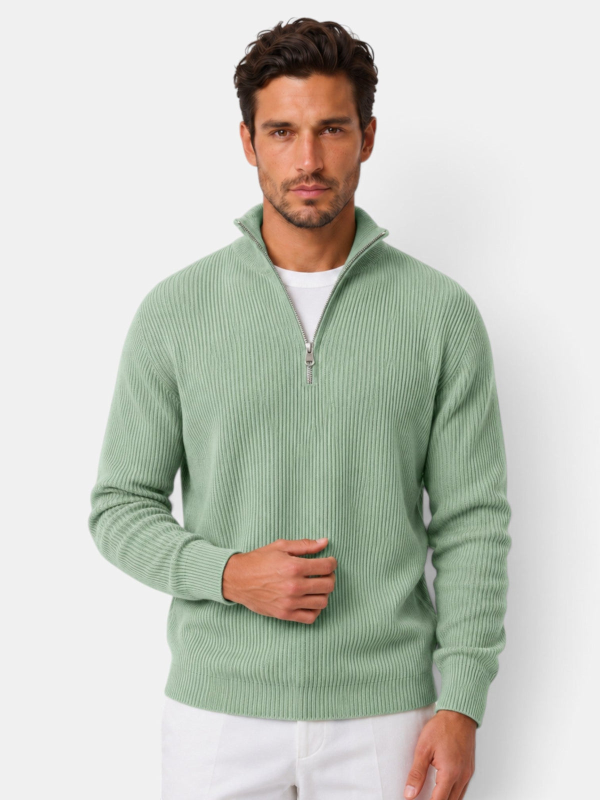 Bernardo | Jersey de Punto Acanalado con Media Cremallera para Hombre - Verde