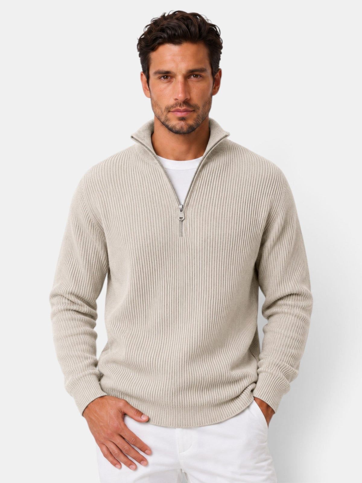 Bernardo | Jersey de Punto Acanalado con Media Cremallera para Hombre - Beige