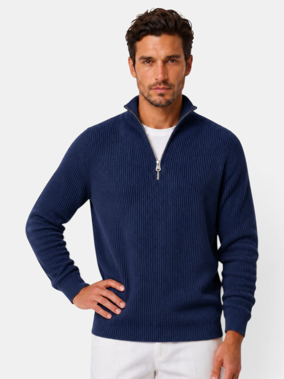 Bernardo | Jersey de Punto Acanalado con Media Cremallera para Hombre - Azul Marino