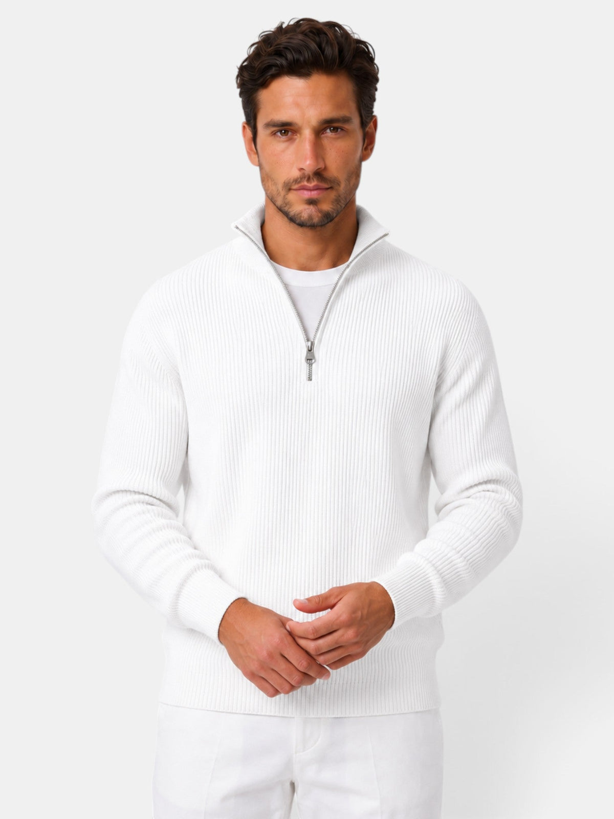 Bernardo | Jersey de Punto Acanalado con Media Cremallera para Hombre - Blanco