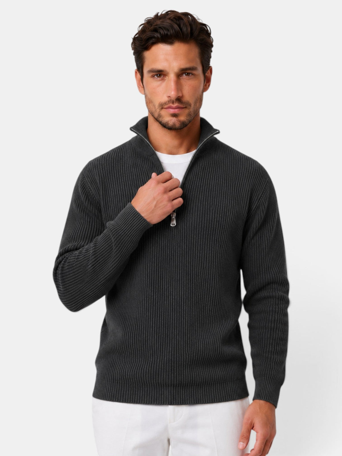 Bernardo | Jersey de Punto Acanalado con Media Cremallera para Hombre - Negro