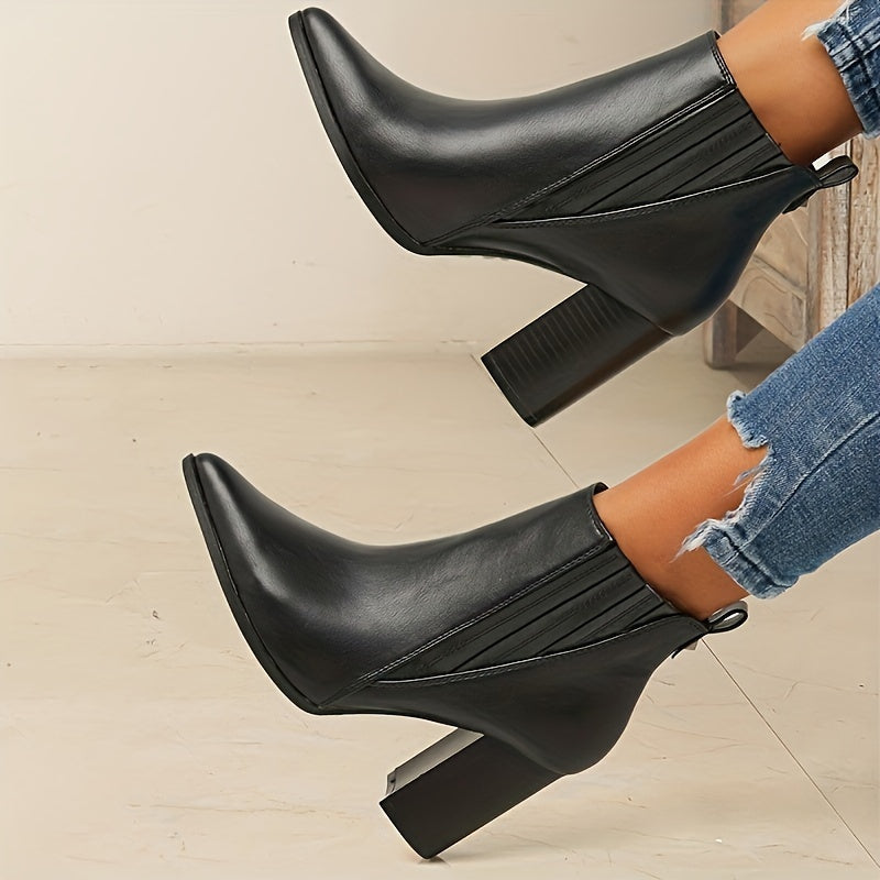 Blasa | Botines de Mujer con Punta Afilada, Tacón Ancho y Elástico Lateral - Negro
