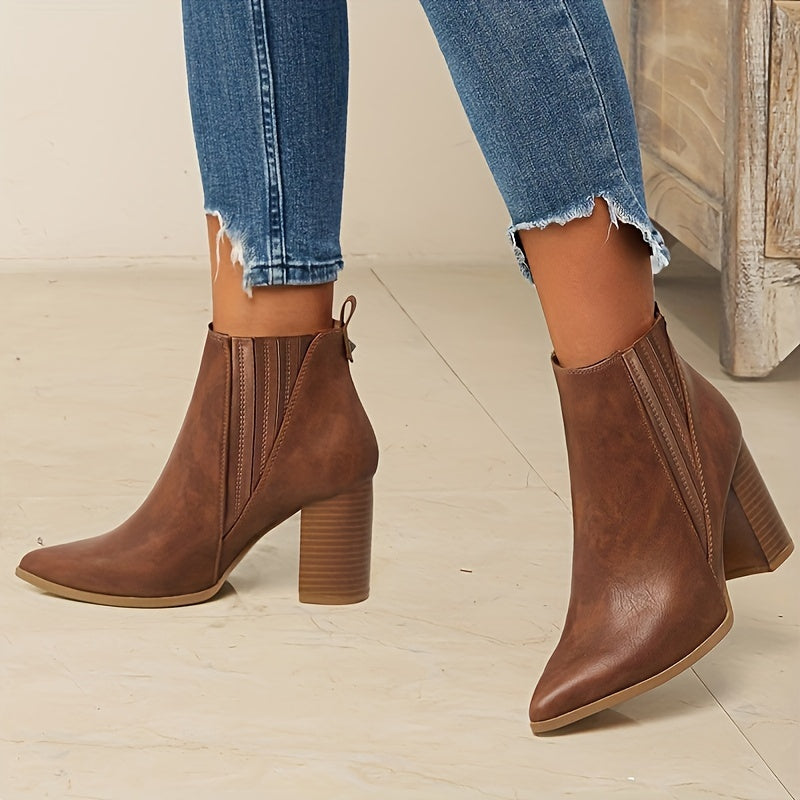 Blasa | Botines de Mujer con Punta Afilada, Tacón Ancho y Elástico Lateral - Marrón
