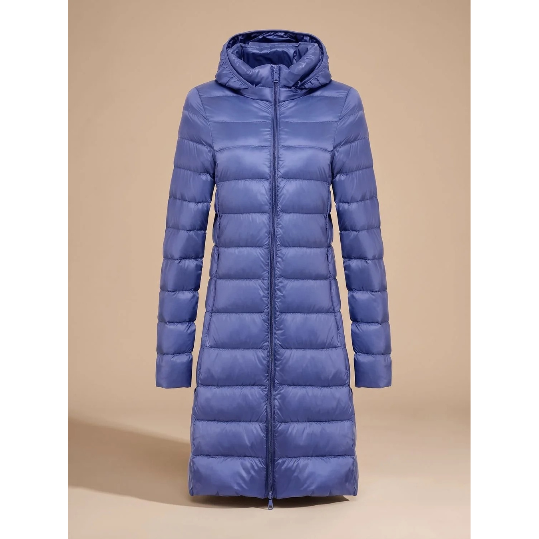 Brenda | Abrigo Acolchado Largo Entallado con Capucha y Cremallera - Azul