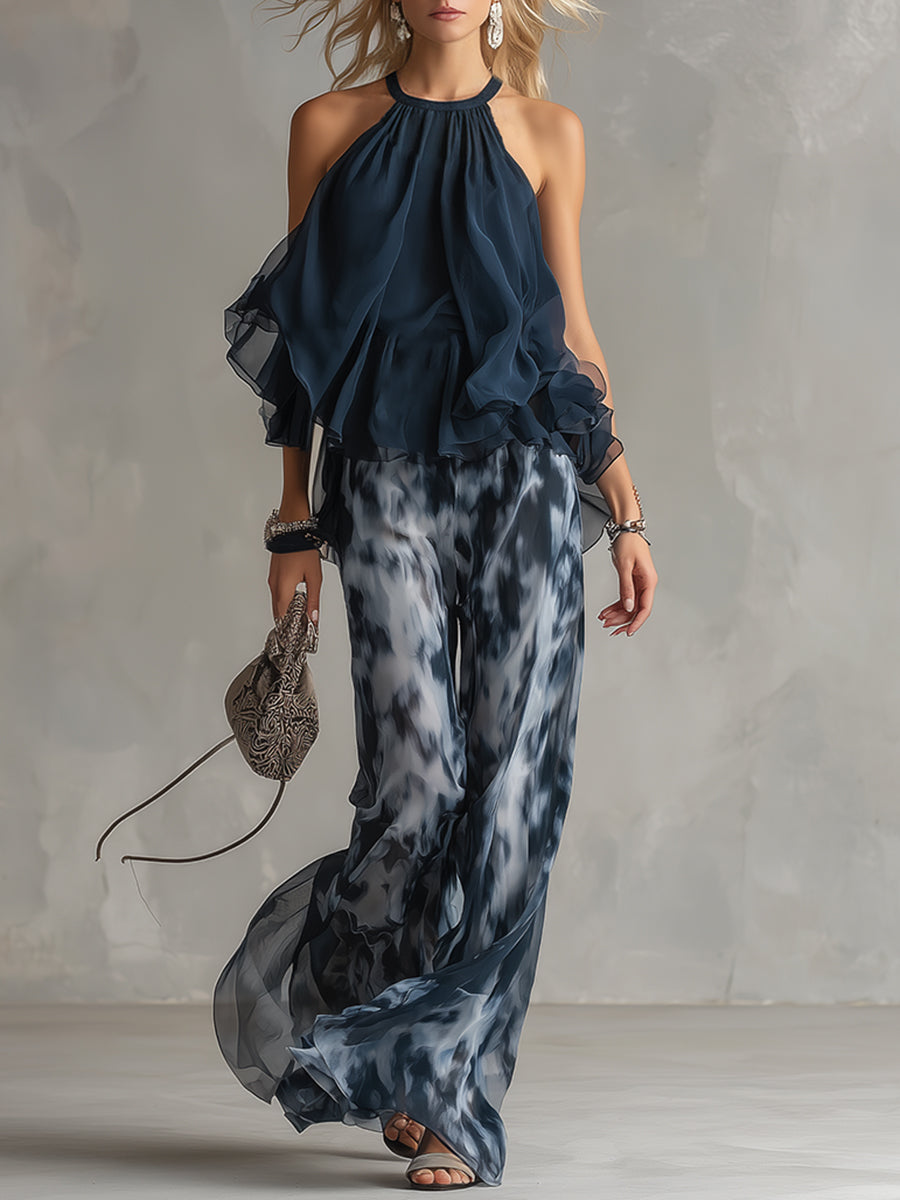 Ludovica | Conjunto Elegante de Gasa con Top de Cuello Alto y Pantalón Estampado de Pernera Ancha