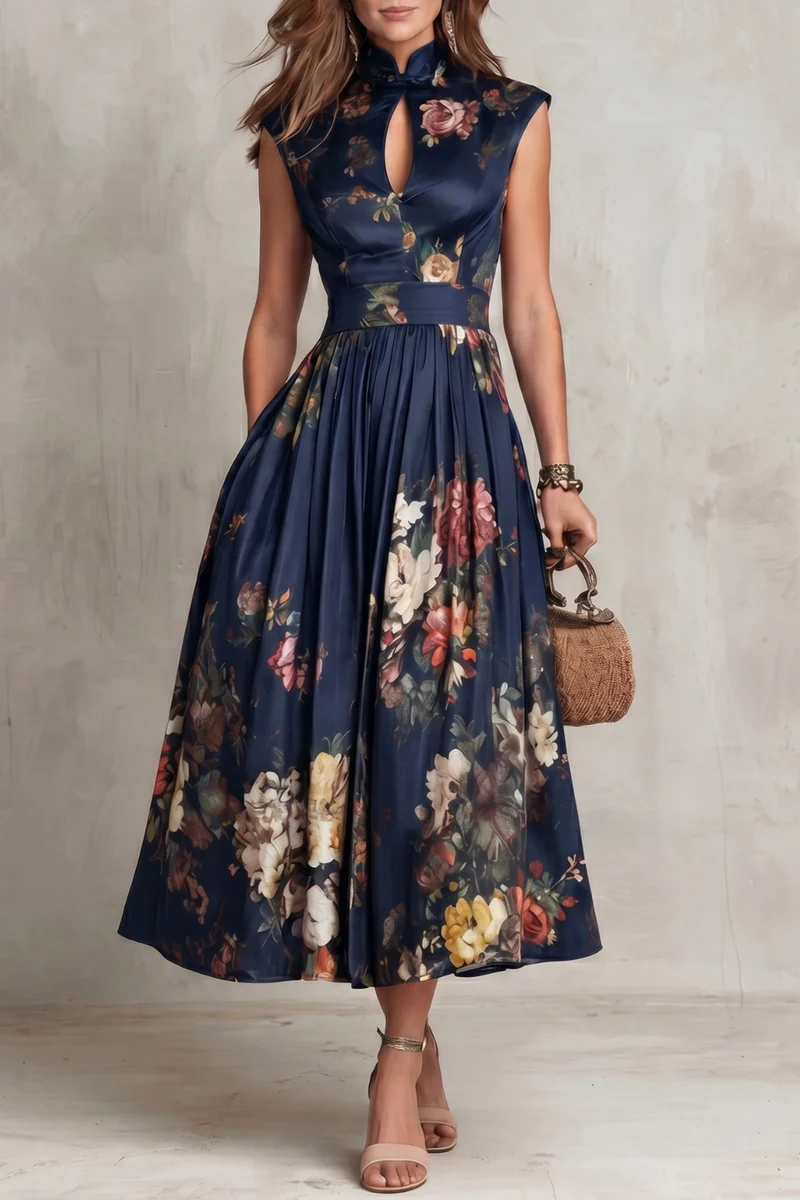 Vestido Midi de Satén Plisado Floral con Cuello con Abertura Negro