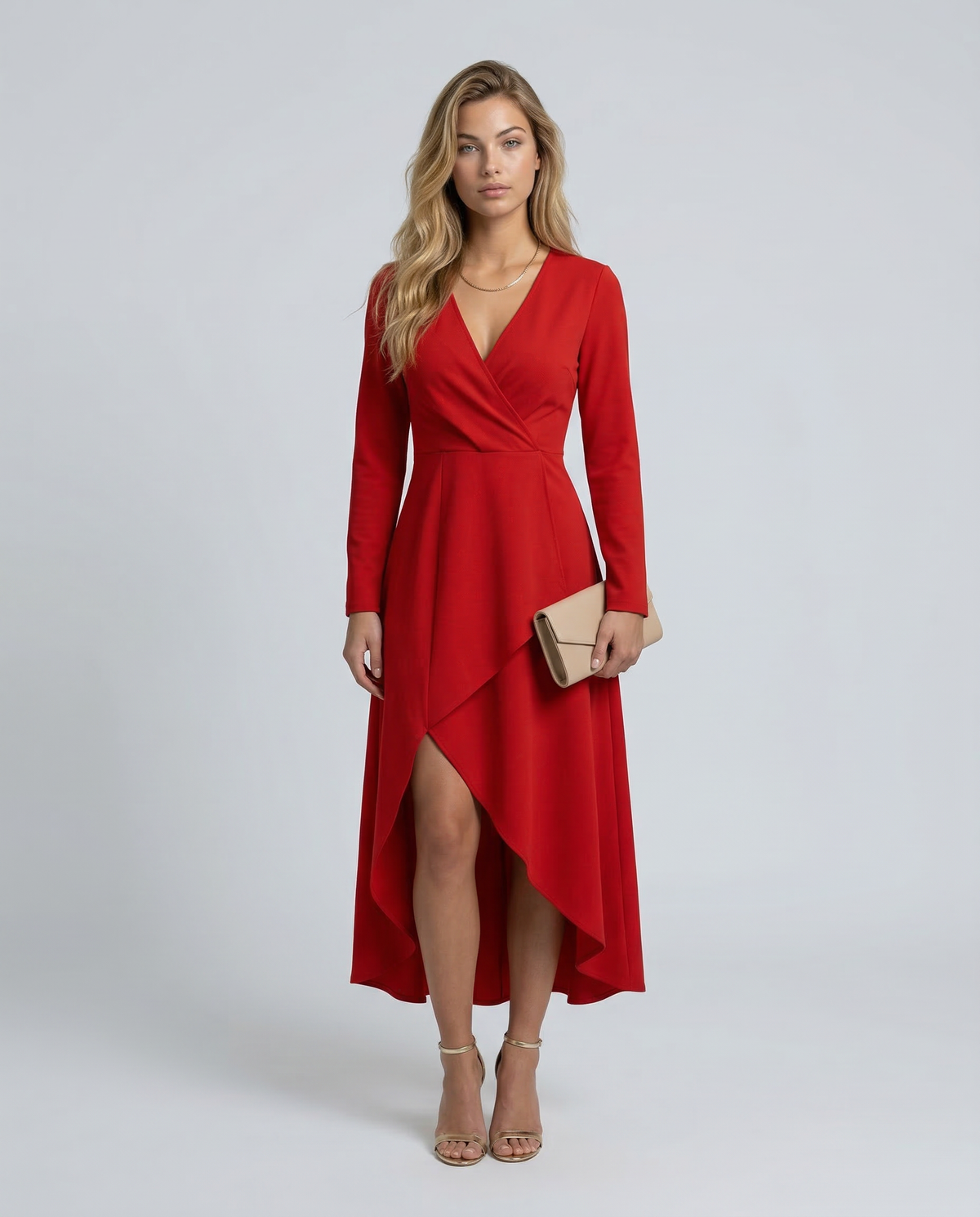 Carina | Vestido Midi Cruzado de Fiesta con Manga Larga y Bajo Asimétrico - Rojo