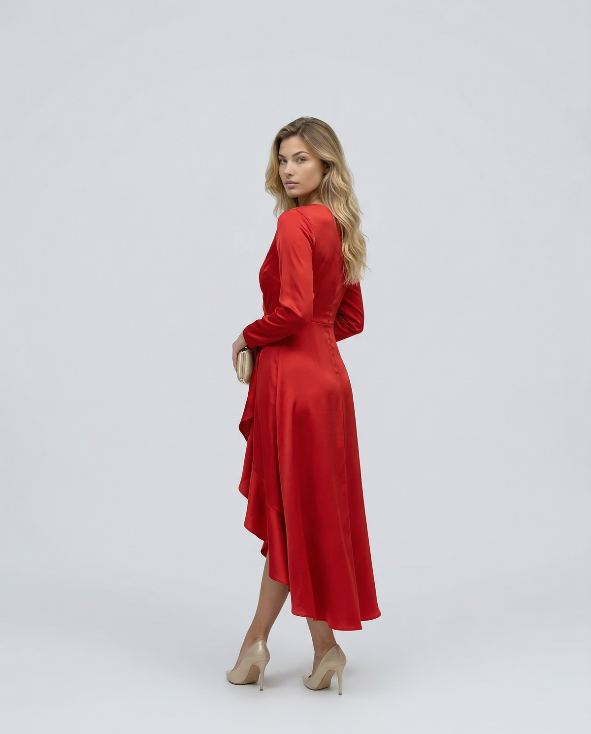 Carina | Vestido Midi Cruzado de Fiesta con Manga Larga y Bajo Asimétrico