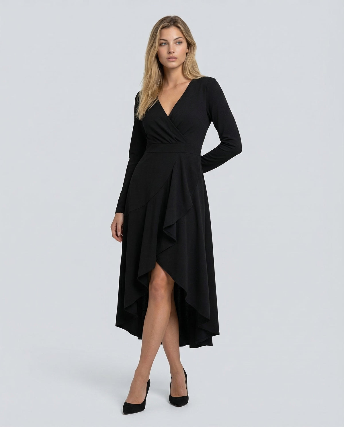 Carina | Vestido Midi Cruzado de Fiesta con Manga Larga y Bajo Asimétrico - Negro