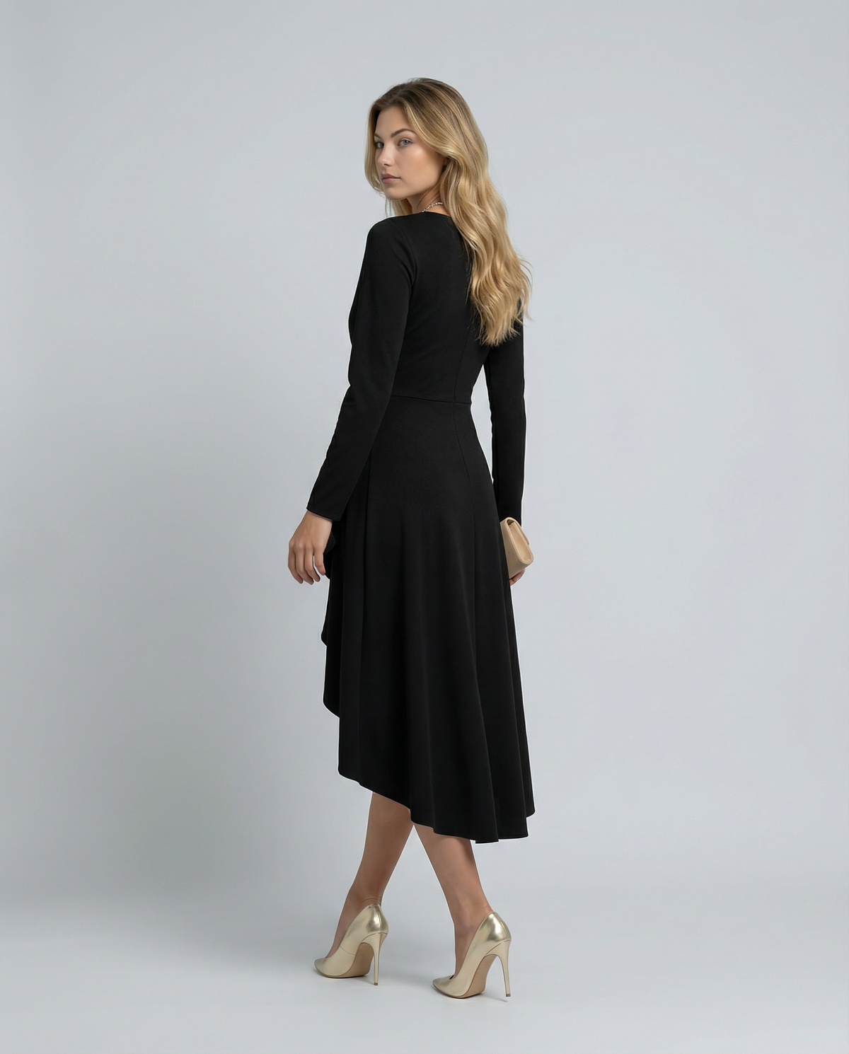 Carina | Vestido Midi Cruzado de Fiesta con Manga Larga y Bajo Asimétrico