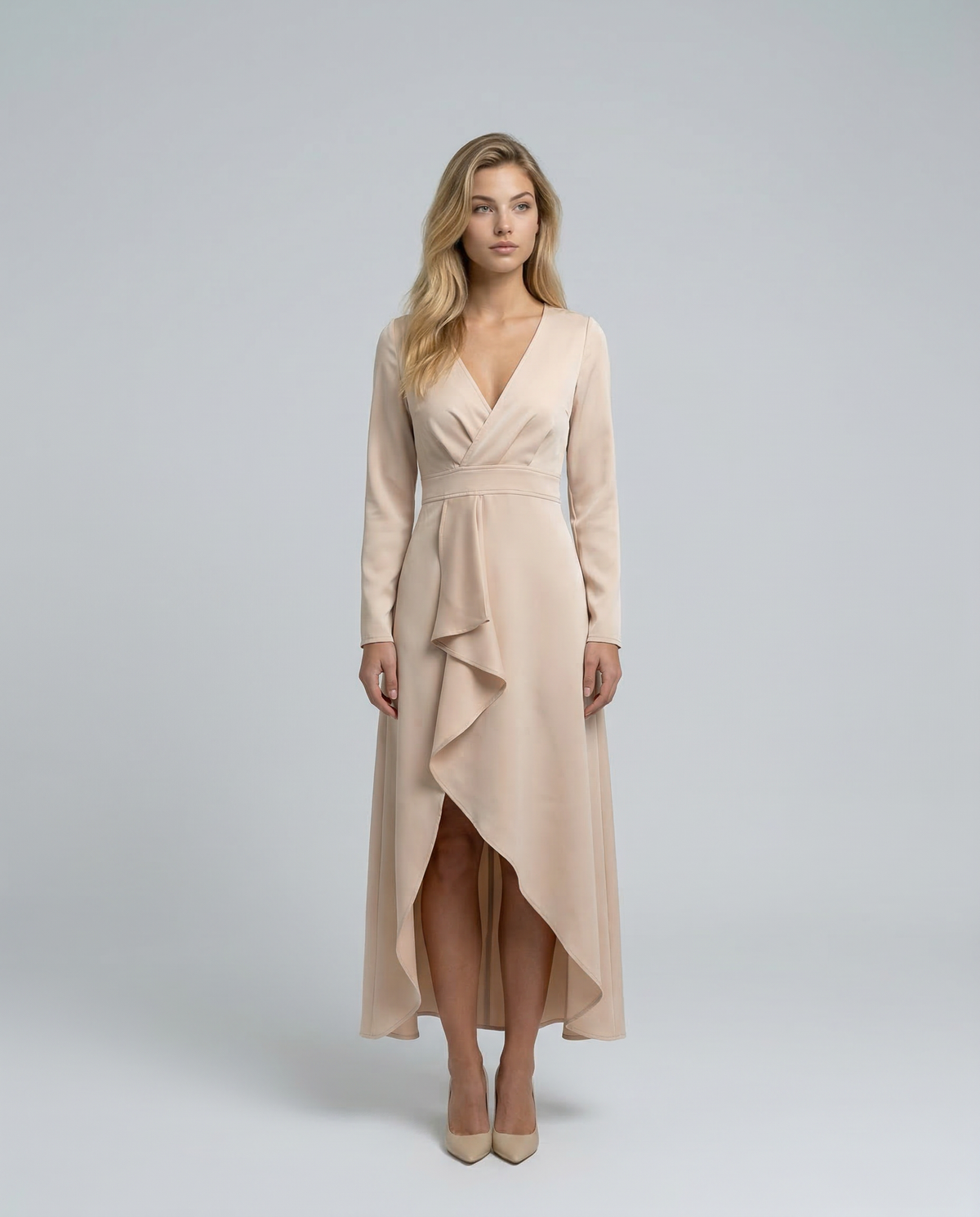 Carina | Vestido Midi Cruzado de Fiesta con Manga Larga y Bajo Asimétrico - Beige