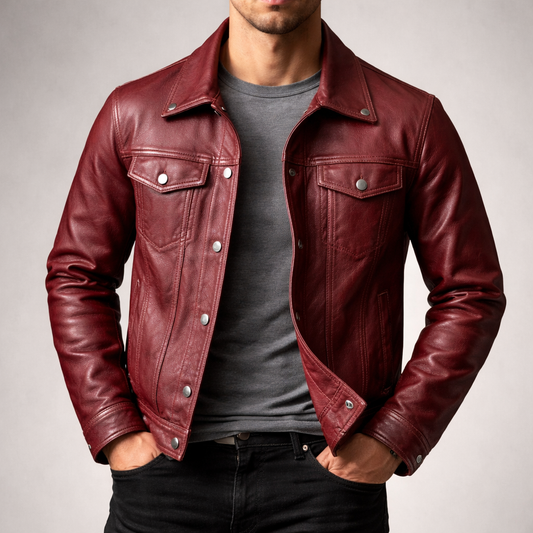 Casimiro | Cazadora Efecto Piel Estilo Camionero para Hombre - Burdeos