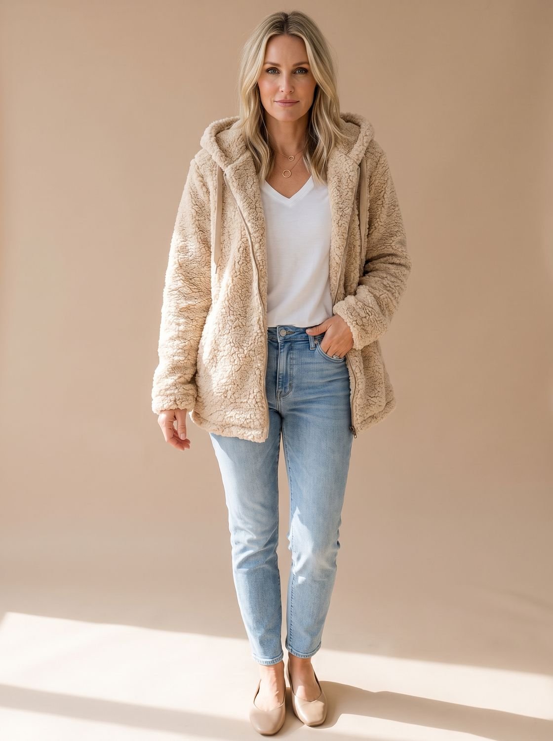 Casta | Chaqueta Oversize de Borreguito con Capucha y Cremallera - Beige
