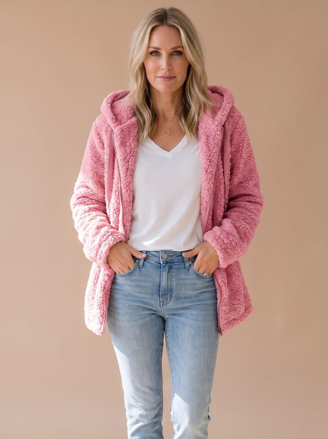 Casta | Chaqueta Oversize de Borreguito con Capucha y Cremallera - Rosa