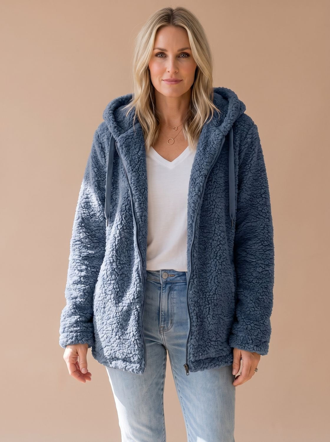 Casta | Chaqueta Oversize de Borreguito con Capucha y Cremallera - Azul
