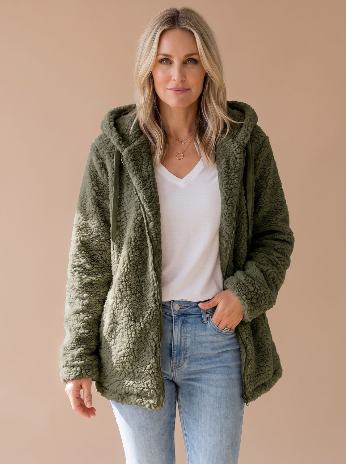 Casta | Chaqueta Oversize de Borreguito con Capucha y Cremallera - Verde