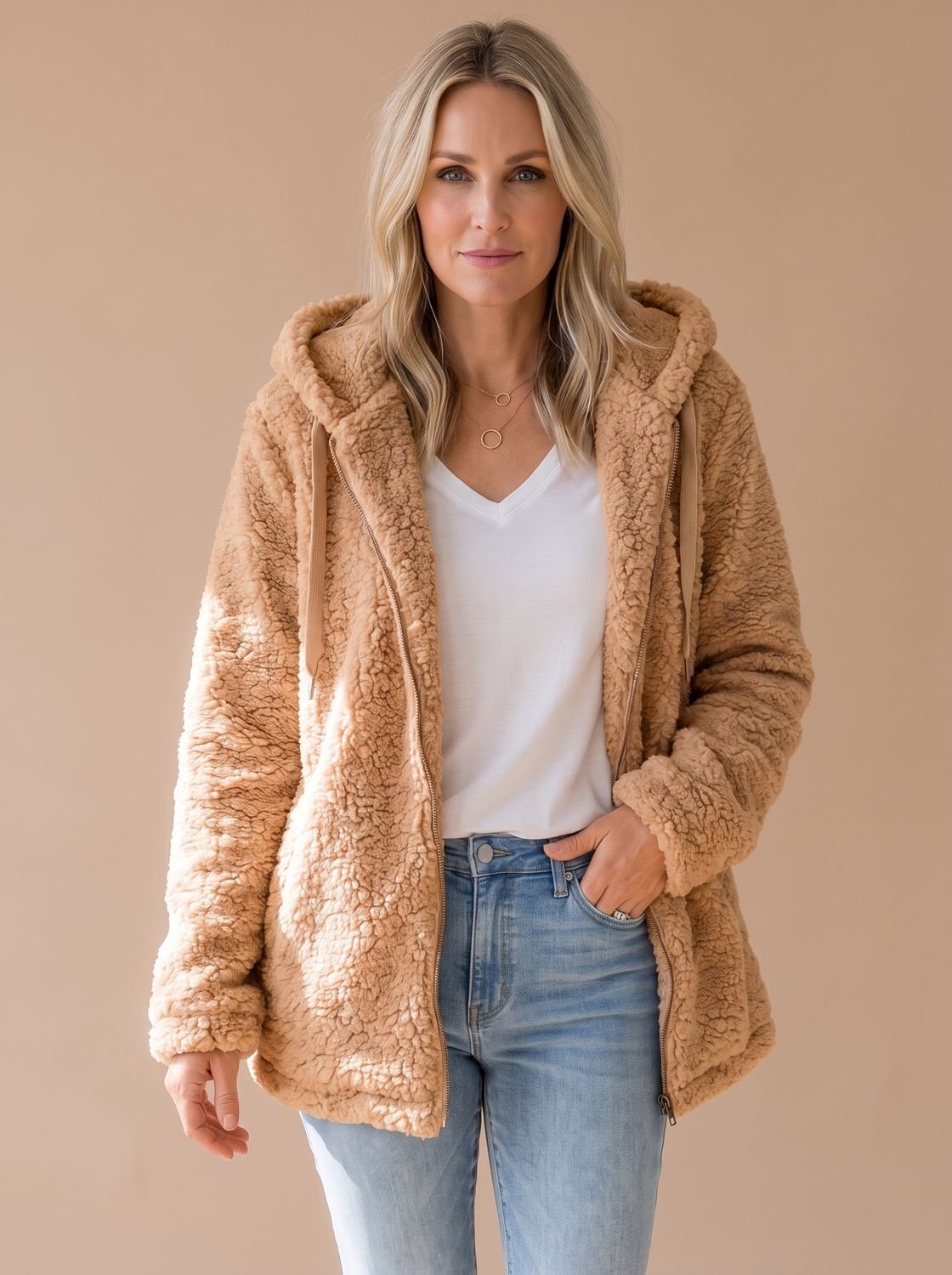 Casta | Chaqueta Oversize de Borreguito con Capucha y Cremallera - Capuchino