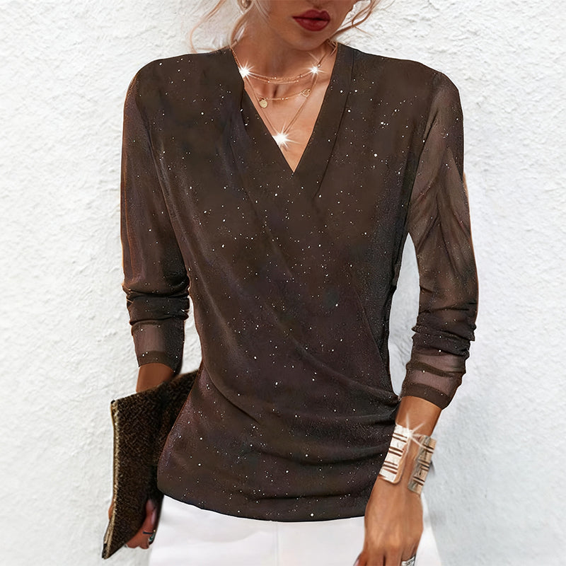 Top de fiesta mujer brillo escote drapeado manga larga