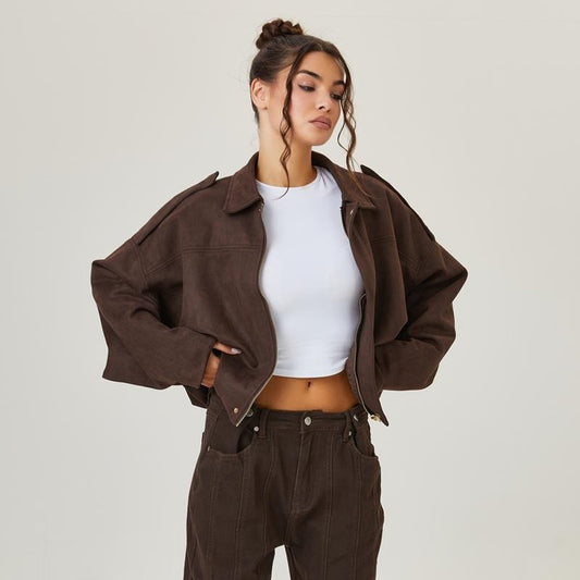 Cecilia | Cazadora Bomber Corta Oversize Efecto Ante con Cremallera - Marrón