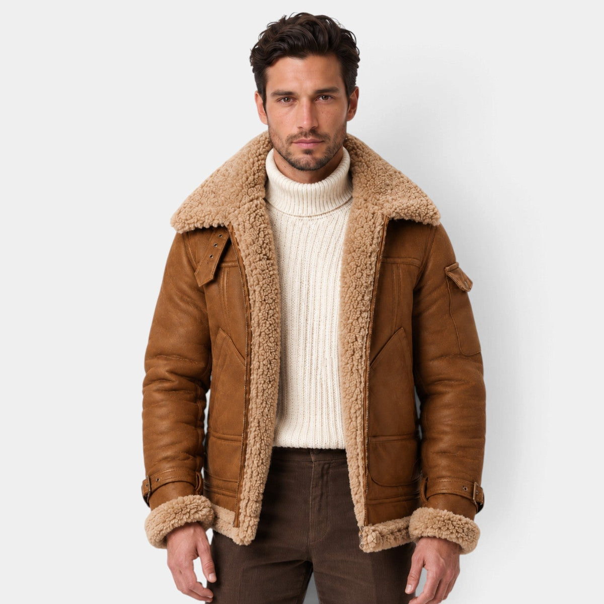 Clemente | Chaqueta Aviador Efecto Piel con Cuello de Borreguito para Hombre - Camel