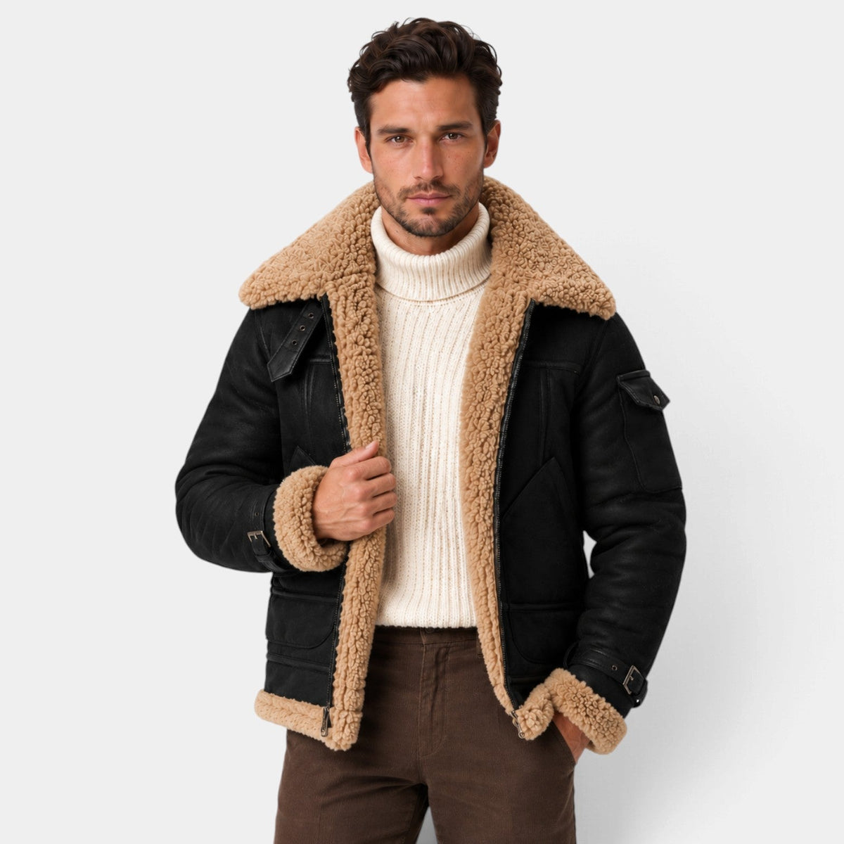 Clemente | Chaqueta Aviador Efecto Piel con Cuello de Borreguito para Hombre - Negro