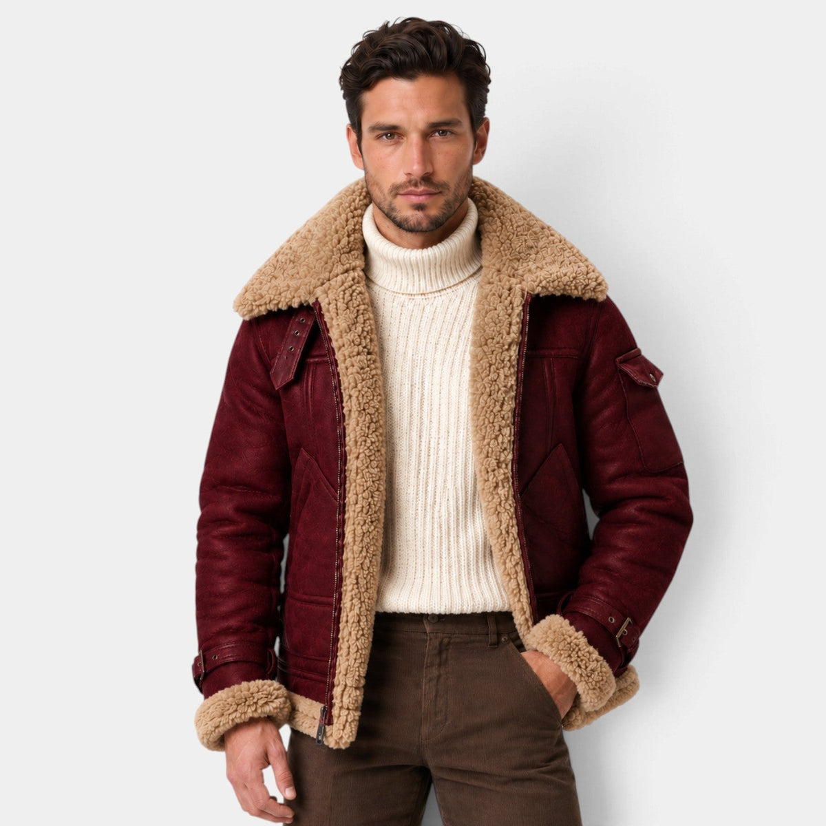 Clemente | Chaqueta Aviador Efecto Piel con Cuello de Borreguito para Hombre - Burdeos