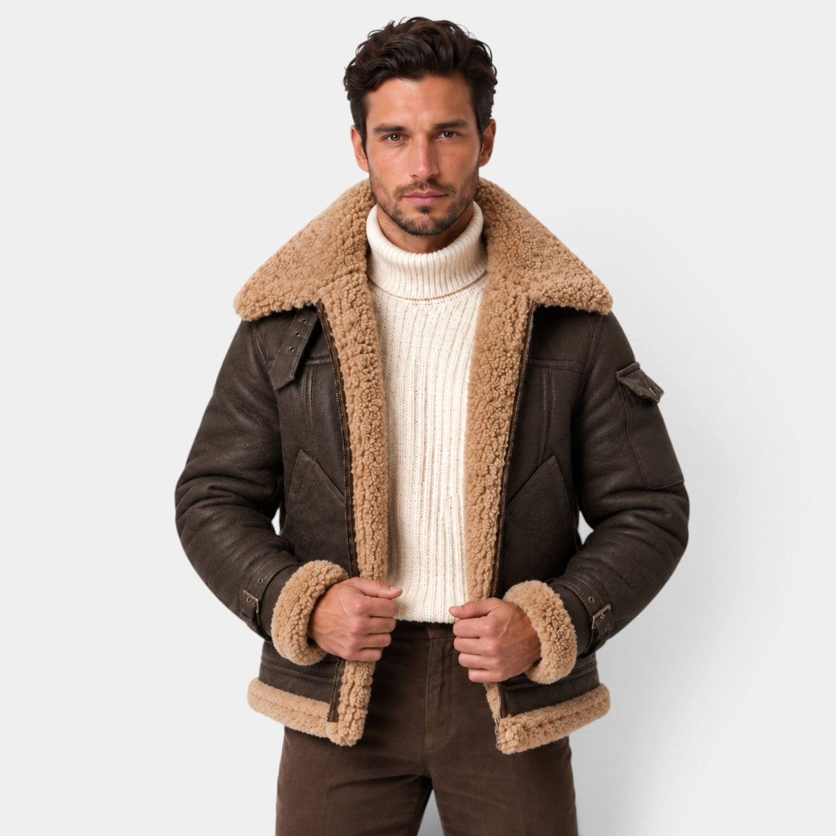 Clemente | Chaqueta Aviador Efecto Piel con Cuello de Borreguito para Hombre - Marrón oscuro